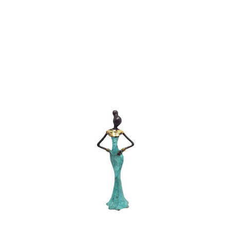 Vrouw blauwgroene jurk gouden kraag (7)