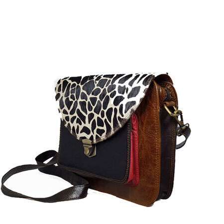 Schoudertas bruin en zwart wit print (nr.3)