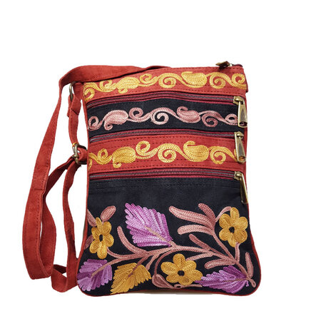 Tas suede geborduurd rood paars