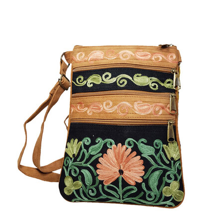 Tas suede geborduurd beige oranje